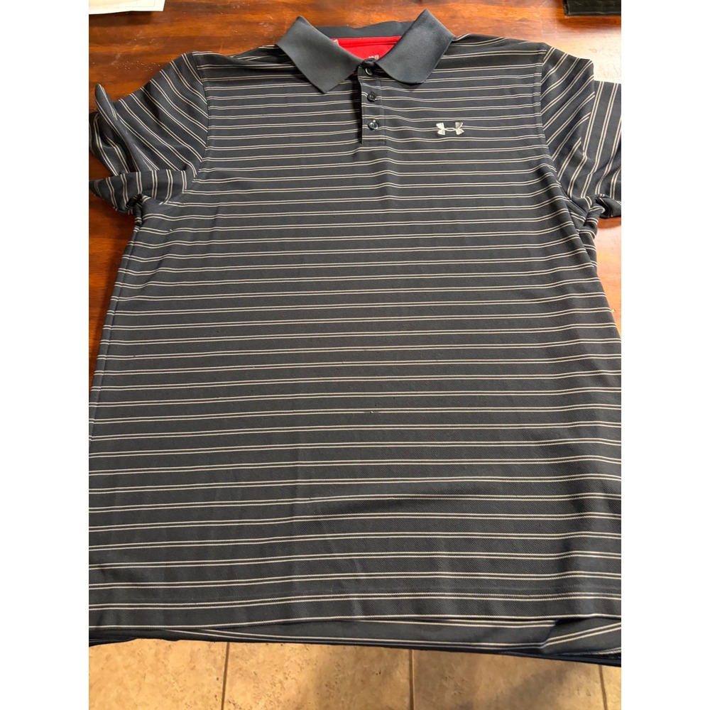 Under Armour HeatGear Mens Large Navy Blue Striped Loose Fit Golf Polo Shirt